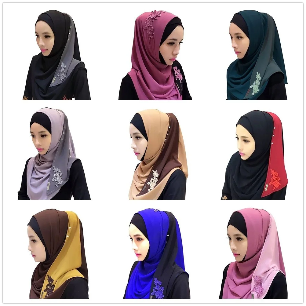 

Chiffon Fashion Patchwork Convenient Muslim Lace Floral Embroidery Hijab Islamic Hijab Warp Headwear