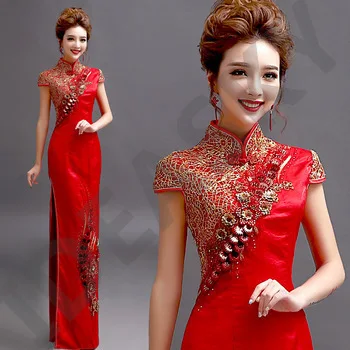 chinese traditional cheongsam embroidery dress embroidered wedding red lace modern woman long qipao sexy oriental formal satin