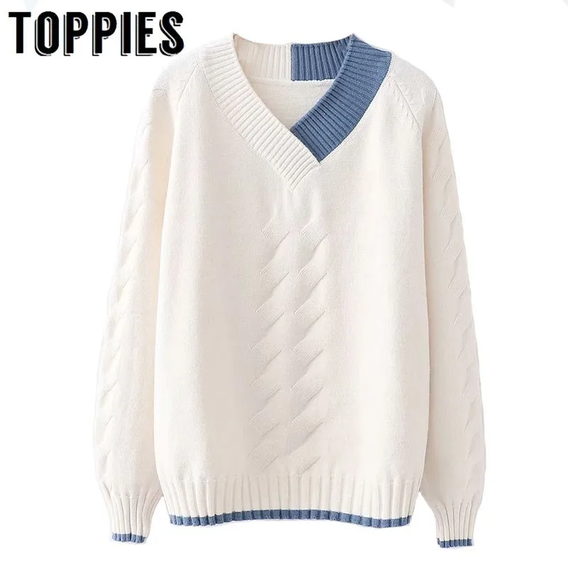 

2019 Autumn Winter Knitted Pullover Sweater Women Long Sleeve Spliced V Neck Sweater Pink White Blue Red Jumpers