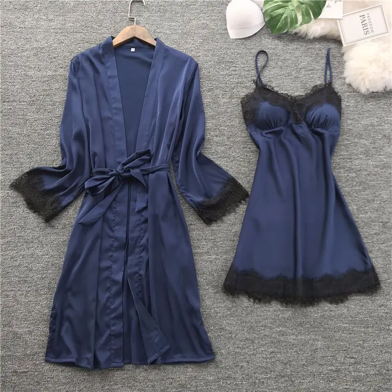 

Navy Blue Kimono Bathrobe Gown Rayon Home Clothes Intimate Lingerie Female Robe Nightgown Lace Nightwear Casual Negligee M L XL