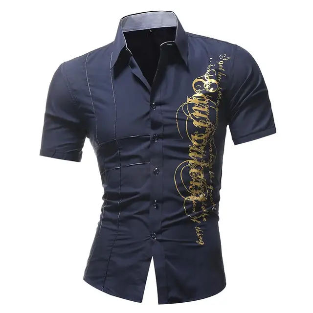 2018 New Men Gold letter Shirts Casual Mens Solid color Shirt Short ...