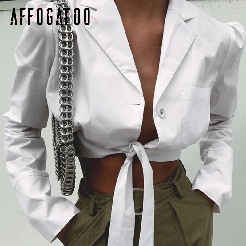 

Affogatoo Sexy lace up summer blouse shirt women Long sleeve female white blouses tops Fashion streetwear casual ladies crop top