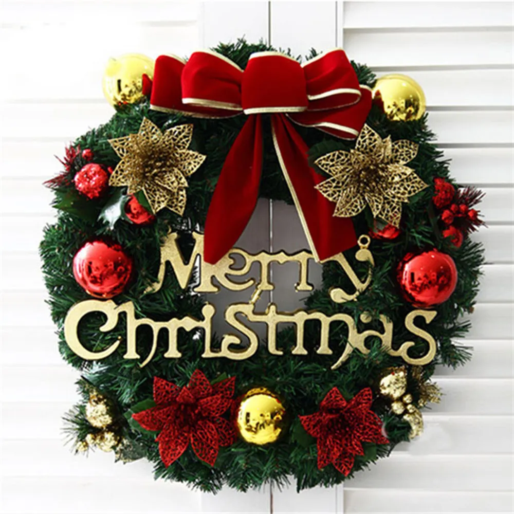 

PVC Merry Christmas Party RED Poinsettia Pine Wreath Door Wall Decoration Natale Decorazioni Christmas Tree Decorations#40