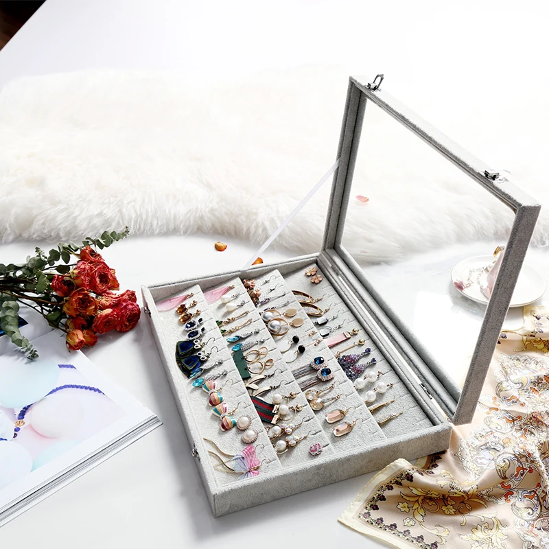 Koop ANFEI Grey Linnen Sieraden Display Case voor Hanger Ring Collectie Showcase Lade met Glazen Deksel Winkel Organisator Sieraden A255