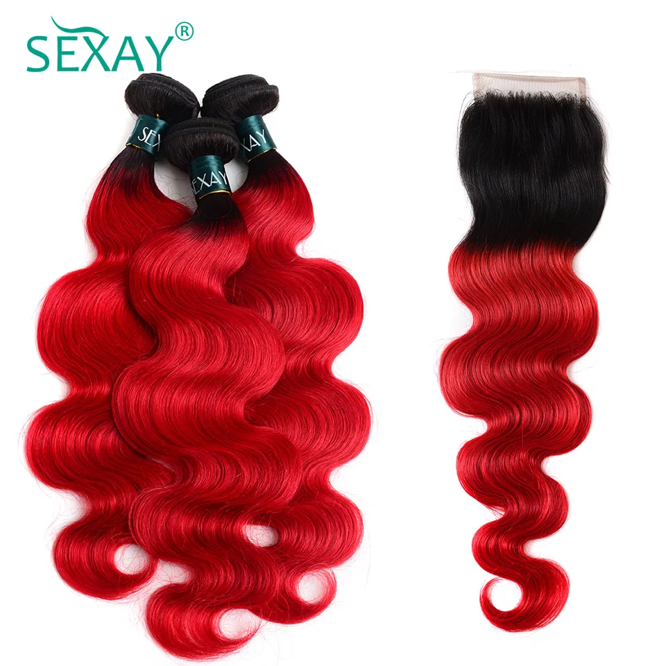 

Sexay Ombre Human Hair 4 Bundles With Closure One Pack Dark Roots T1B/Red Body Wave Peruvian Hair Bundles Weaving With Closure