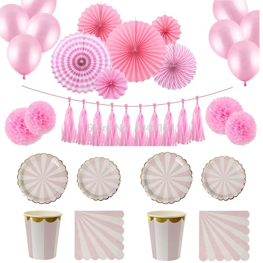 

Pink&Gold Party Tableware Decorations Paper Plates Straws Cups Napkins Paper Flower Fan Set Hanging Tassel Garland
