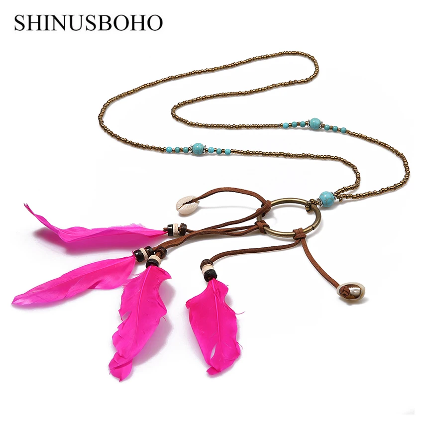 Женские богемные ожерелья SHINUS BOHO бусы с бисером и перьями ожерелье подвеской в