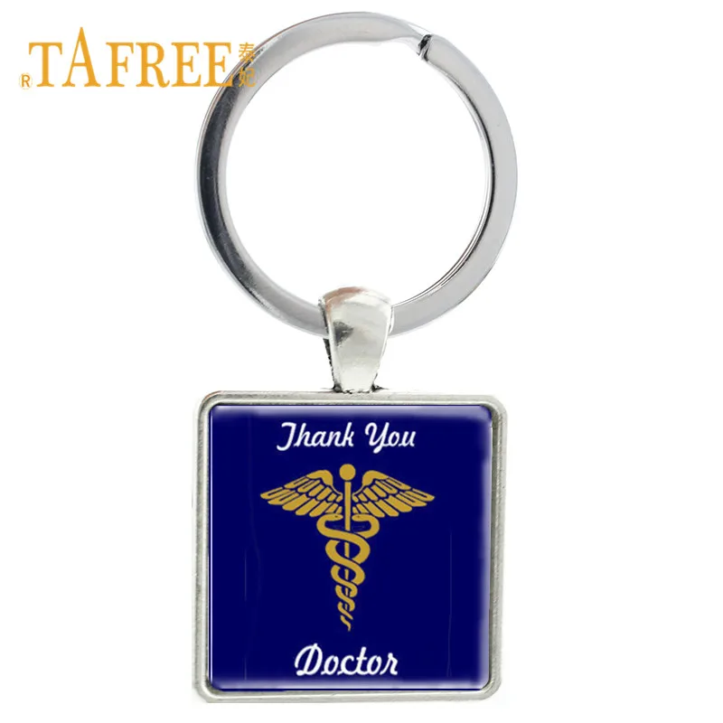 

TAFREE Thank You Doctor/Nurse Keychain Square Shape Glass Gem Alloy Key Chain Keyring Medical Staff Car Bag Jewelry Souvenir DO1