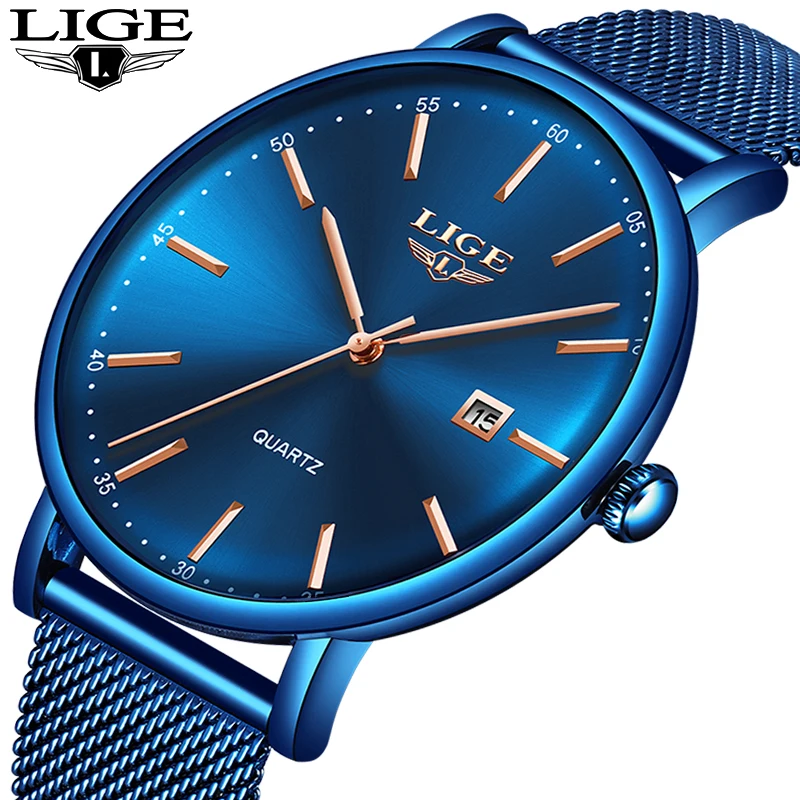 

LIGE Mens Watches Top Brand Luxury Sport Watch Ultrathin Mesh Casual Waterproof Quartz Watch Men Blue Clock Relogio Masculino