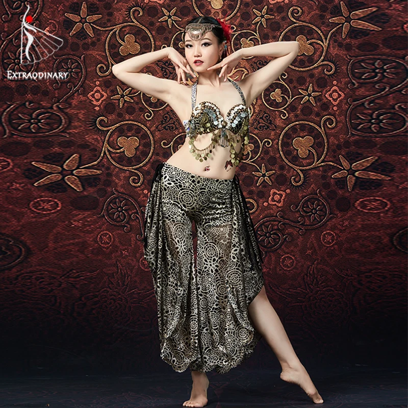 

ATS Women Tribal Belly Dance Bra and Pant Chain Metallic Vintage Coins Gypsy Dance Tops Flare Trousers 2pcs Set Costumes