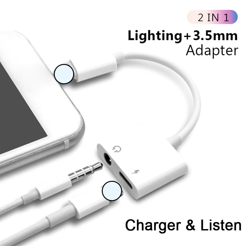 

2 in 1 Charger Charging Adapter 3.5mm Jack AUX Splitter For iphone XS MAX Lighting Listening Adapter For iphone X 8 Plus