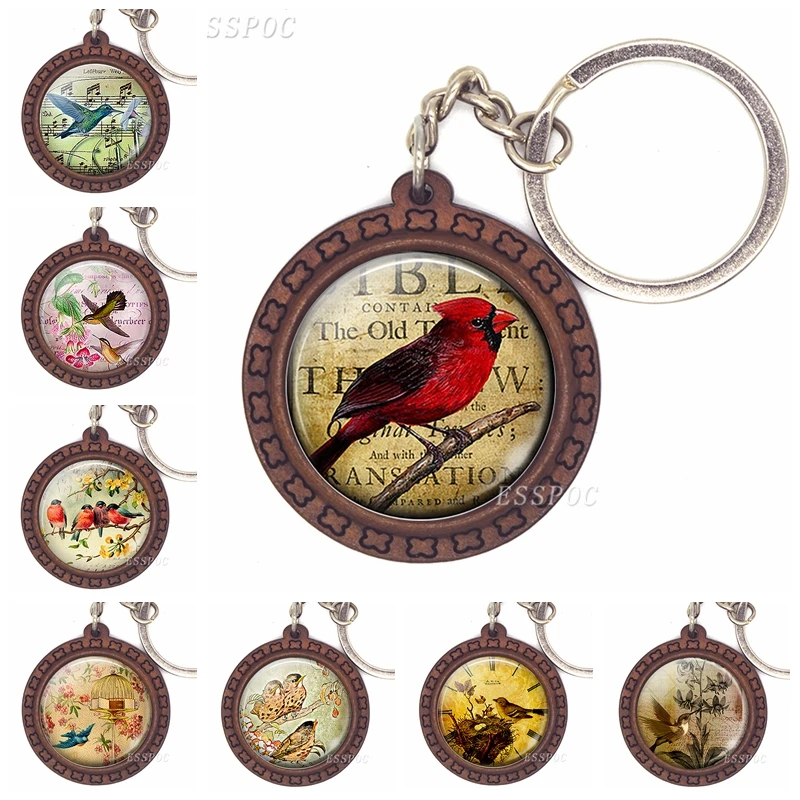 

Bird Jewelry Cardinals Redbreast and Robin Glass Cabochon Wooden Keychain Fashion Accessories for Men Women Handmade Gift