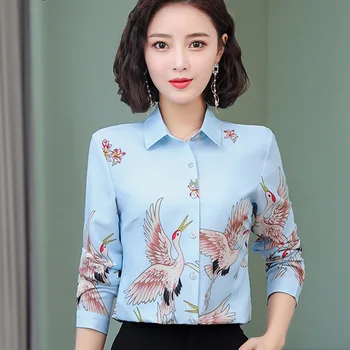 

Classic Printed Lady Black Chiffon Blouses Plus Size S-4XL Long Sleeve Autumn Spring Women Casual Blue Shirts 2019 OL Clothing