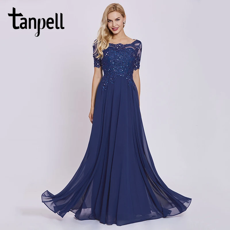 Tanpell dark royal blue long evening dress lace beaded o neck short sleeves ankle length dress women formal prom evening dresses