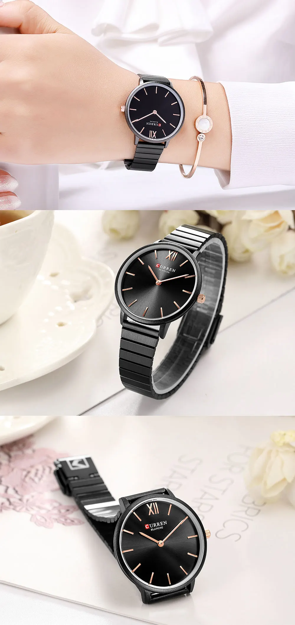 CURREN Jewelry Gifts For Women's Luxury Black Steel Quartz Watch Brand Women Watches Fashion Ladies Clock Relogio Feminino