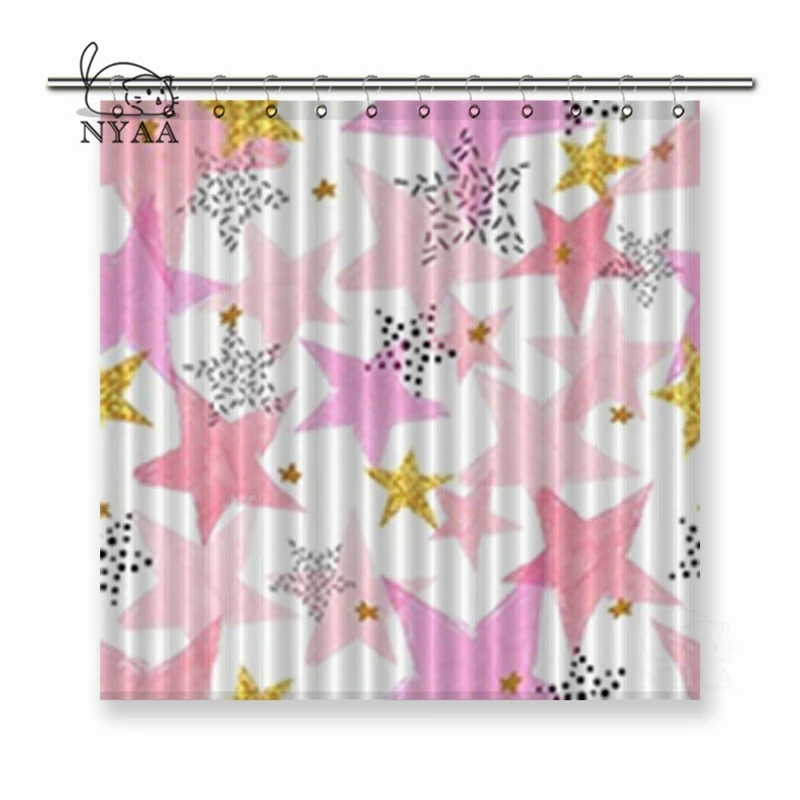 

Nyaa Seamless Stars with Watercolor Pink and Glittering Golden Stars Polyester Fabric Shower Curtain For Bathroom with Hooks