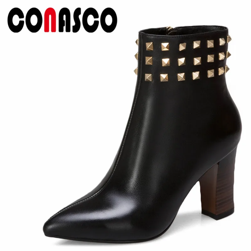 

CONASCO New Women Party Ankle Boots Genuine Leather Autumn Winter Warm Pointed Toe Martin Shoes Woman Rivets Punk Pumps