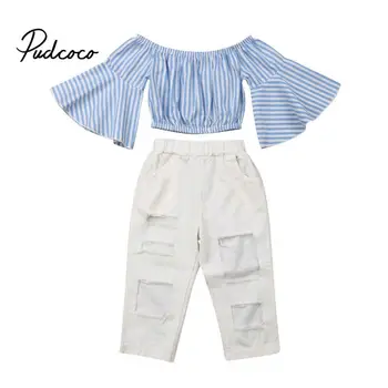

pudcoco 2019 Toddler Kids Baby Girls Striped Tops T-shirt Hole Pants Leggings Outfits Clothes Summer Set For 1-6 Years