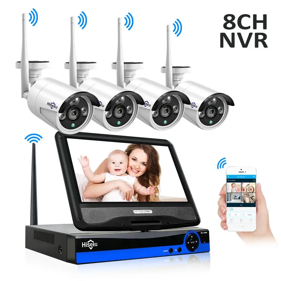 

Hiseeu home Security System Kit 10Inch Displayer 4pcs 960P 1080P Wireless IP Camera CCTV System 8CH NVR wifi video surveillance