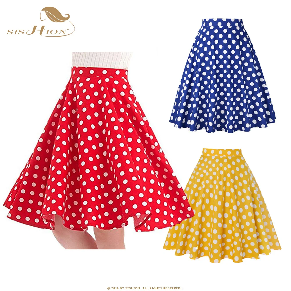 Acheter SISHION coton à pois jupes 2019 taille haute femmes coton rouge avec des points blancs balançoire rétro balançoire Vintage Midi jupes VD0020
