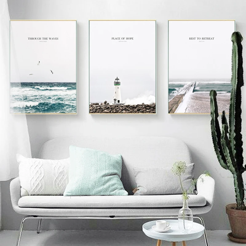 

Nordic Decoration Ocean Landscape Poster Lighthouse Wave Wall Art Canvas Painting Motivational Quotes Picture for Living Room