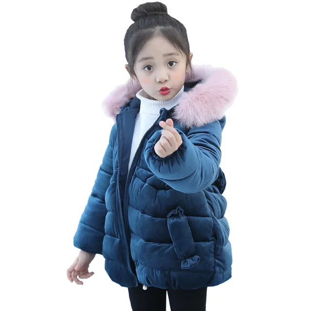 Пальто для девочек Модная хлопковая стеганая куртка детская зимняя zippe Детское пальто уши довольно толстый стеганый меха Куртка с воротником для девочек
