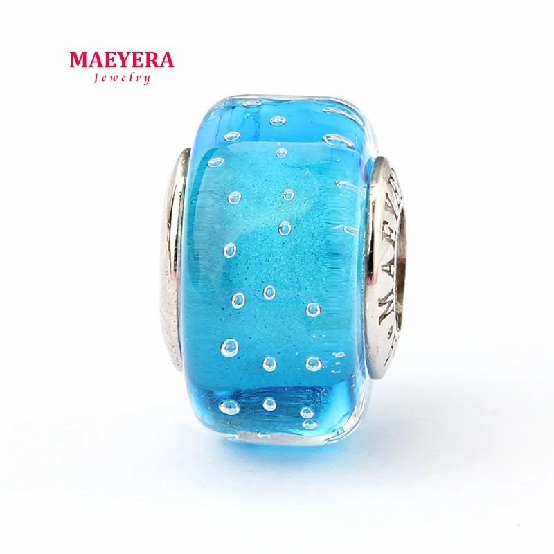 

MAEYERA Authentic 925 Sterling Silver Lampwork Beads Lake Blue Bubble Murano Glass Beads Fit European Charm Bracelet 920285
