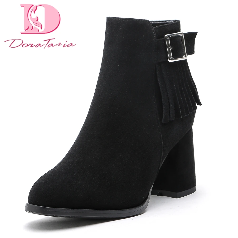

Doratasia Brand NEW Kid Suede plus Size 33-43 Chunky high Heels Fringe Boots Women Shoes Woman Solid Ankle Boots Woman Shoes