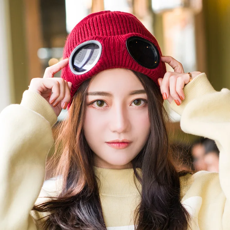 

Euramerican version of windproof eyeglasses wool cap lady outdoor warm knitted cap ski cap in autumn and winter unisex cap