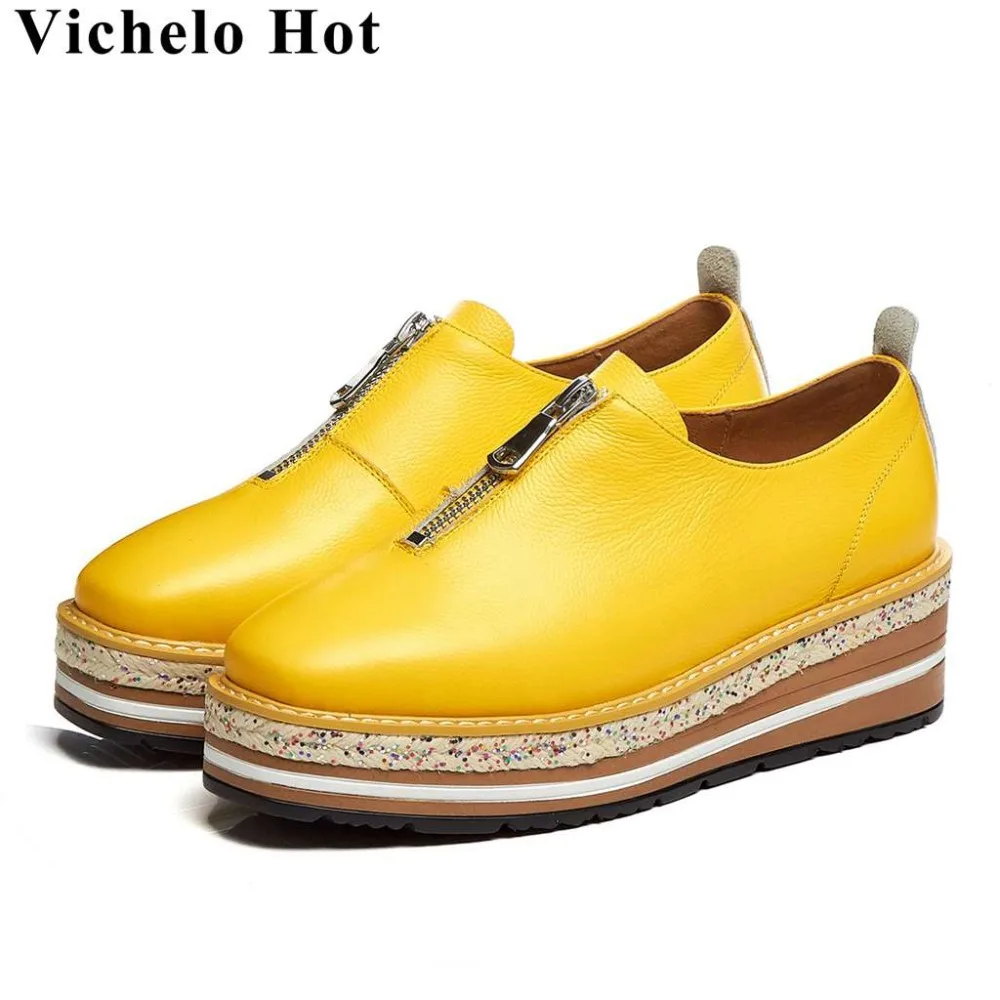 

Vichelo Hot cow leather British style wedges med bottom square toe metal zipper comfortable preppy style casual wear shoes L1f6