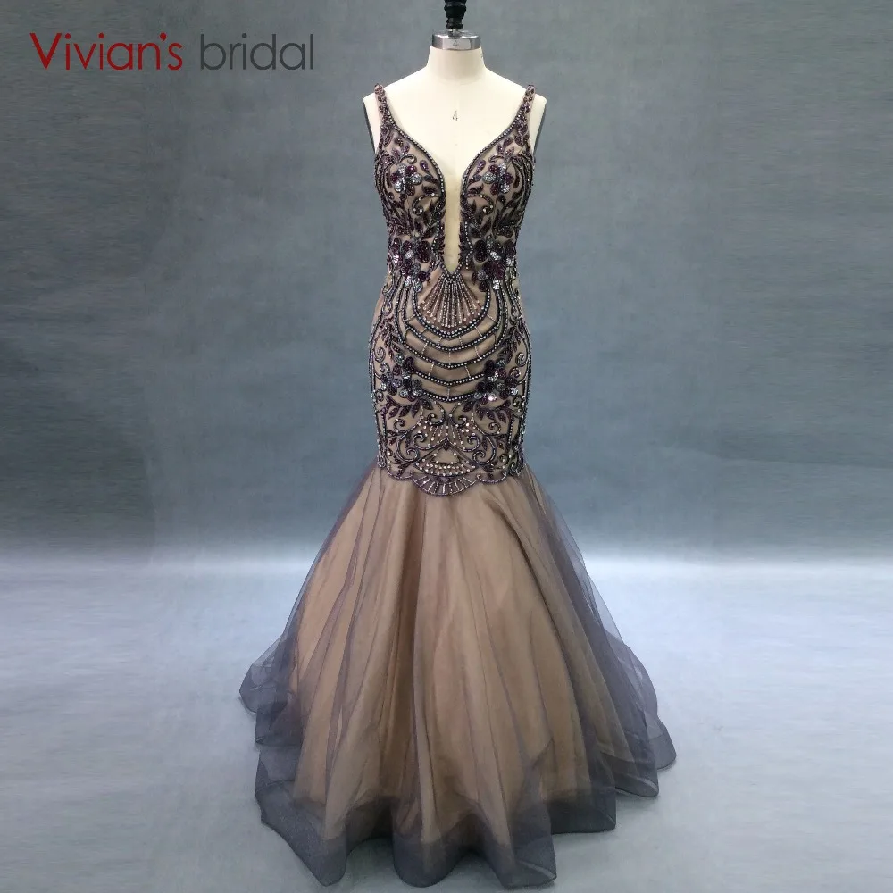 Русалка Вечерние платья Длинные Vivian's Bridal Спагетти ремень V шеи вечернее платье