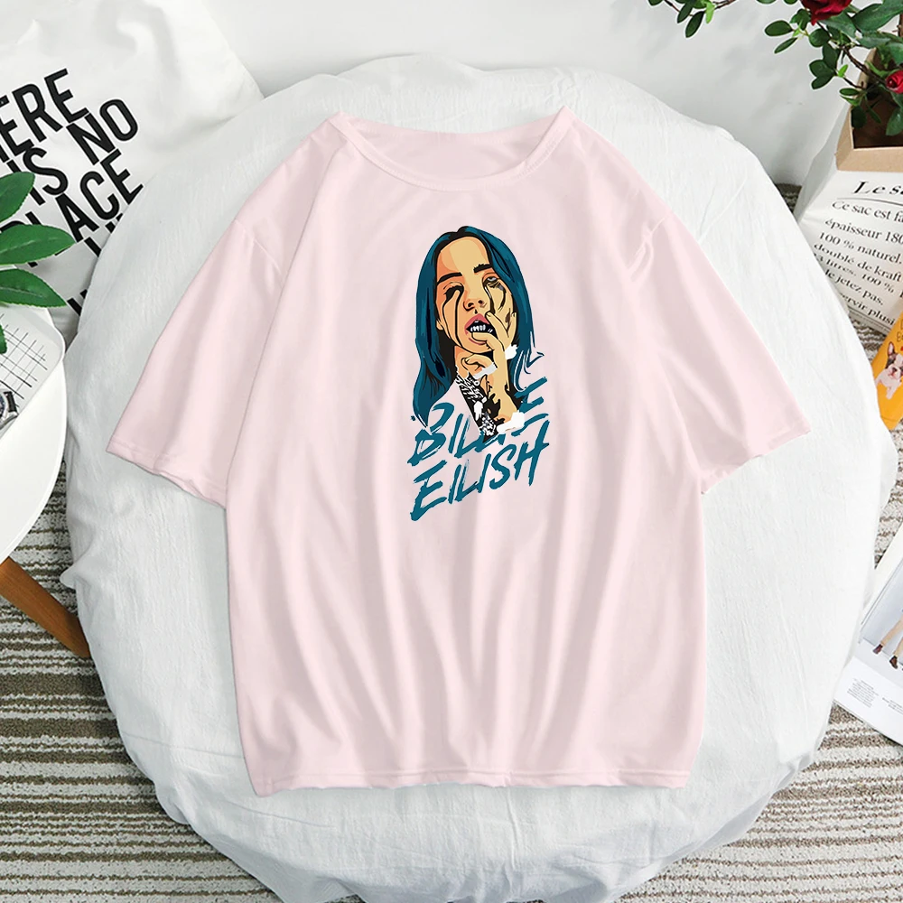 

2019 top billie eilish vogue pink T Shirt Women white Cotton T-shirt Harajuku Top couple clothes Girlfriend Gift tshirt femme