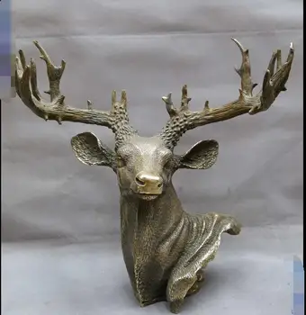 

15" China brass copper carved lucky sculpture Sika Deer wapiti head Statue