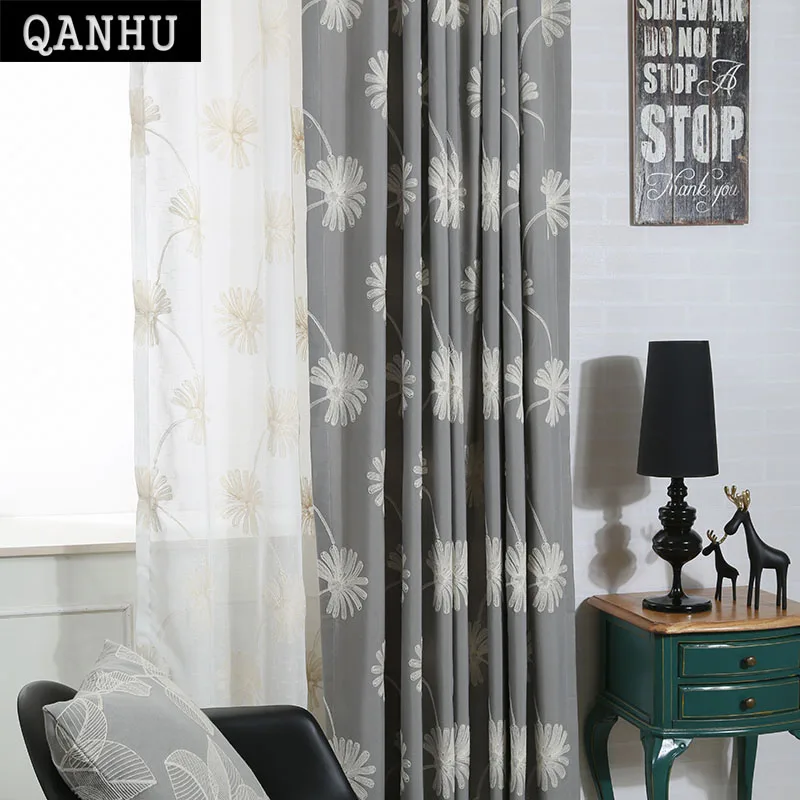

QANHU Comfortable Soft Three Colors Flower Jacquard Weave Bedroom Cotton Blackout Landing Curtains for Living Room Window QH-7