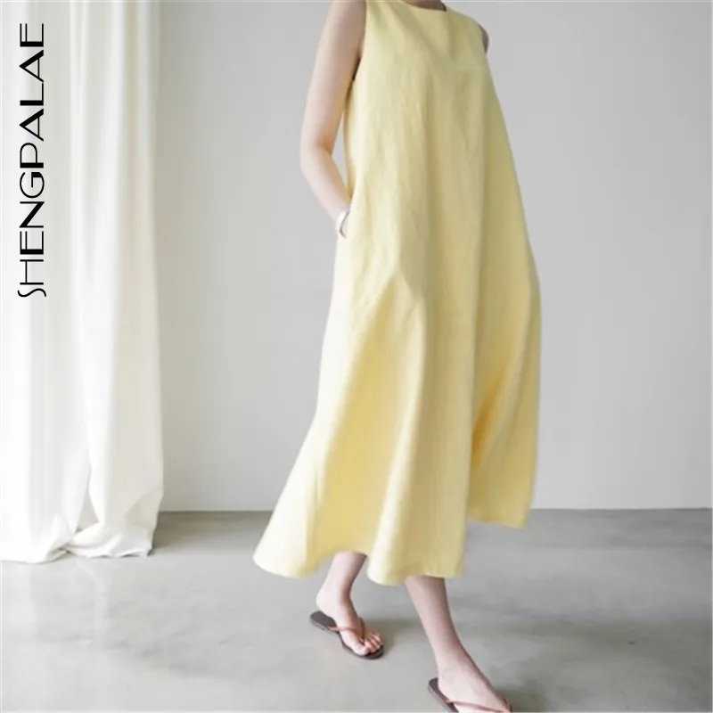 

SHENGPALAE 2019 Korean Fashion Summer Vestidos Round Collar Sleeveless Loose Big Size White Japan Style Women Dress Tide FQ100
