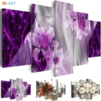 

Lilies Flowers Prints Canvas Painting 5 Pieces Purple Orange Blossom Poster Bling Modern Wall Art for Living Room Home Decor