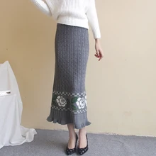 Женские гофрированные серые Стрейчевые Облегающие юбки весна осень Шерстяная трикотажная винтажная удлиненная юбка до щиколотки Q019