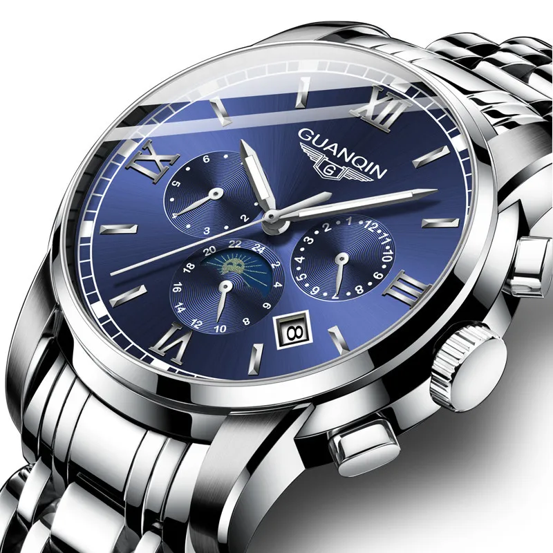 GUANQIN стальные черные мужские автоматические механические часы Модные Бизнес водонепроницаемые часы Moon Phase Relogio Masculino - Цвет: Silver blue