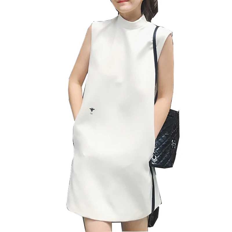 

Spring Summer Fashion Loose Waist Sleeveless A-line Women Dress Embroidery Vest Frocks Lady Space White Casual Tank Dress DH070