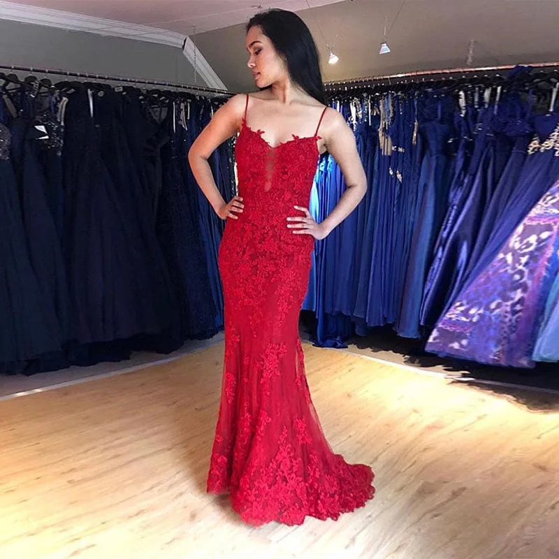 2019 New Burgundy Evening Dress Spaghetti Straps Appliques Party Mermaid Style Robe De Soiree Backless Gowns | Свадьбы и торжества