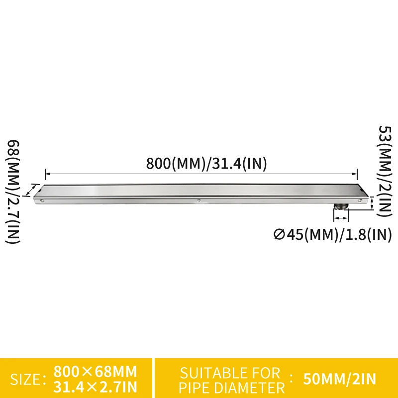Высокое качество 80 см SUS304 сток в полу из нержавеющей стали плитка вставка прямоугольная анти-запах душ Трап ворота слива