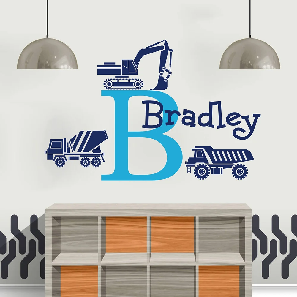 

Custom Name Construction Truck Crane Wall Decal Boy Room Personalized Name Construction Vehicle Wall Sticker Play Room Vinyl Art