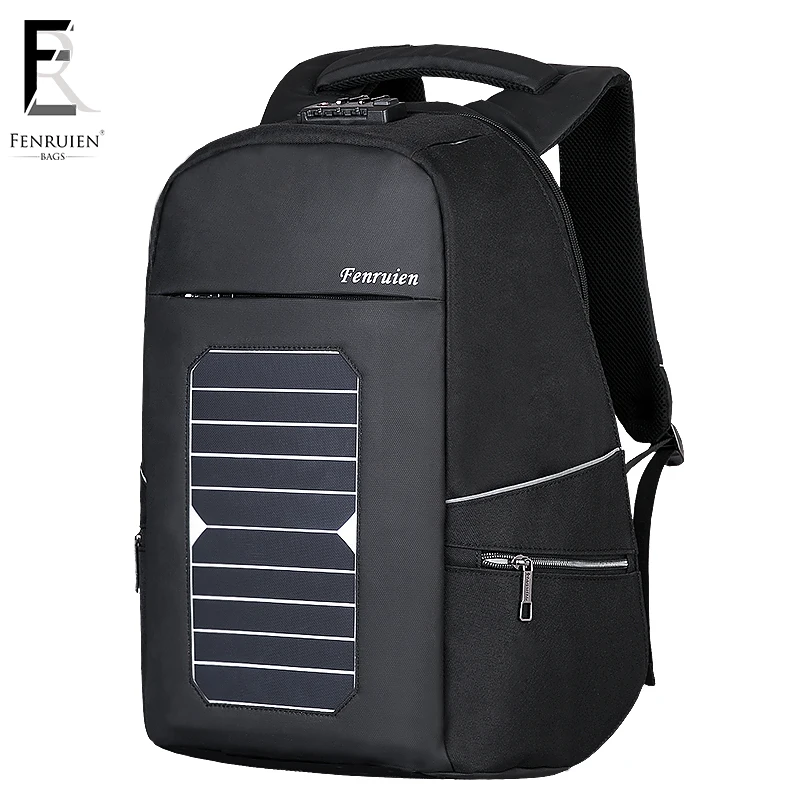 

FENRUIEN 5.3V Solar Powered Backpack Anti theft Men Women Waterproof Travel Backpack Laptop Business Usb Charging Daypack w/Lock