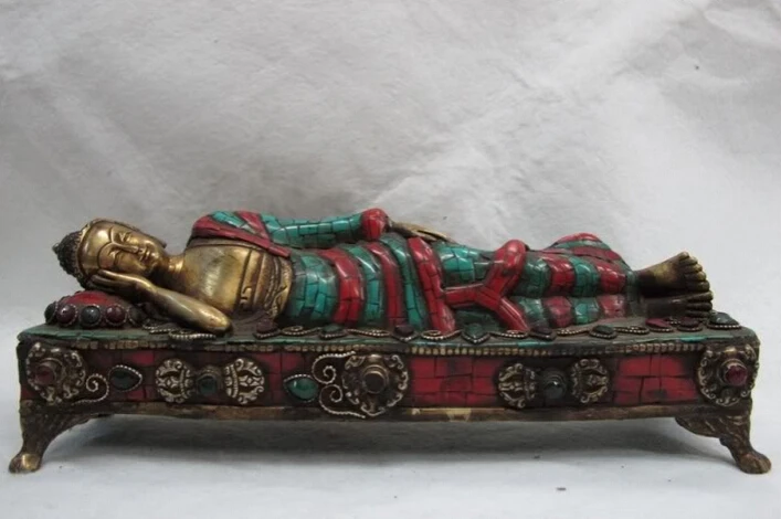 

150624 S2035 Tibet Copper Gild inlay coral turquoise ruby beryl rest sleep Sakyamuni Buddha