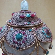 Непал Буддизм Серебряный декор рубин берилл Gem кристалл Jar Глиняный Горшок Ваза Водолей 8.02