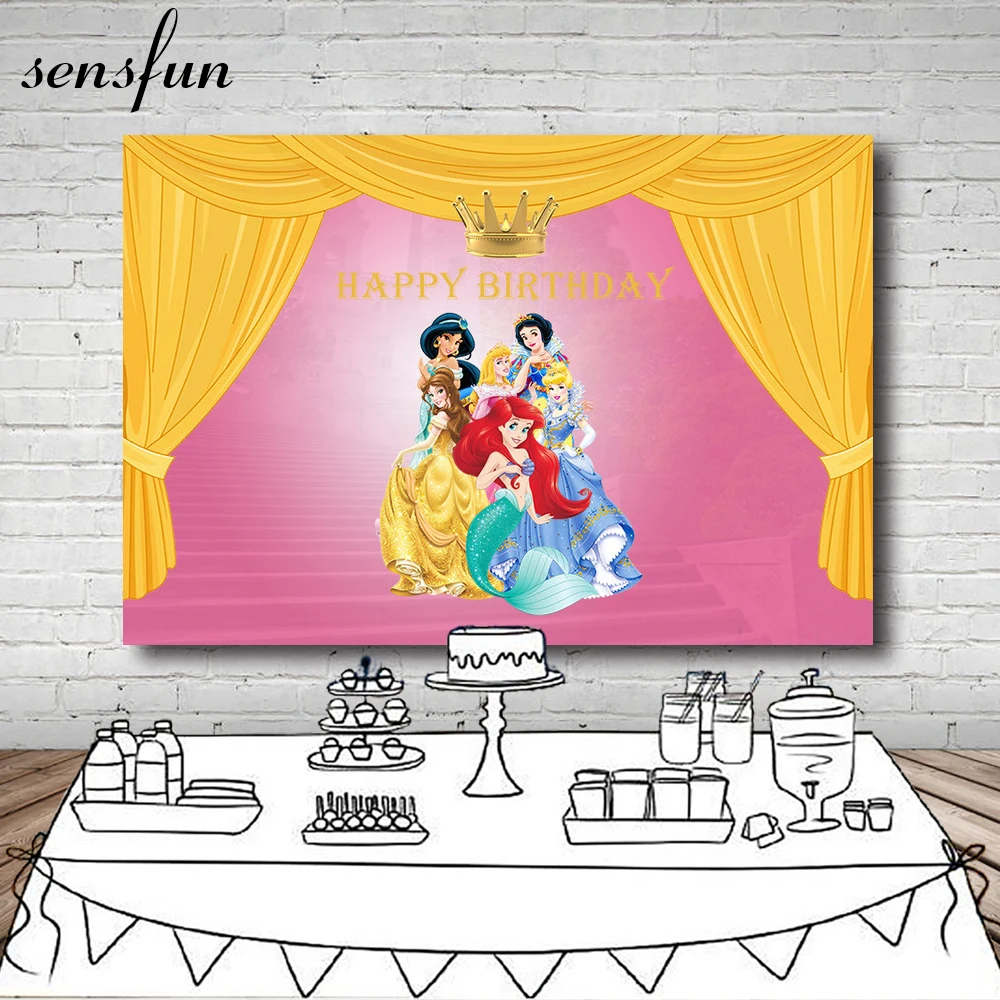 

Sensfun Cartoon Princess Girls Birthday Party Backdrop Gold Curtain Crown Pink Photography Backgrounds For Photo Studio 7x5ft