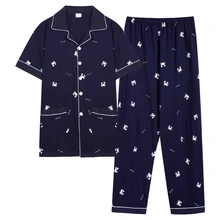 Летние пижамы хлопок тонкий принт Мужская пижама короткие рубашки+ длинные брюки пижамы Turn-Down Воротник Плюс Размер Lounge мужские s пижамы