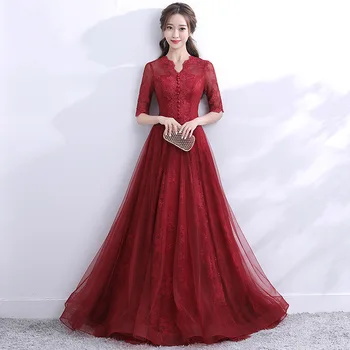 

Burgundy Evening Dress A-line Robe De Soiree Appliques Prom Dress Half Sleeve Evening Dresses Long Dress 2019 Vestido De Festa