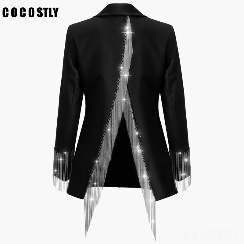 

Blazer Women Heavy Chains Tassel Coats Female Long Sleeve Single Button Backless Irregular Overcoat Women 2019 Autumn