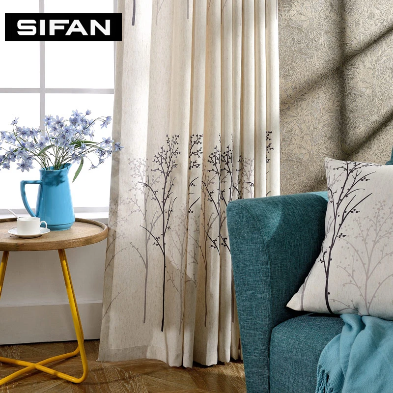 Tree design Linen Printed Curtains for Living Room Decorative Modern